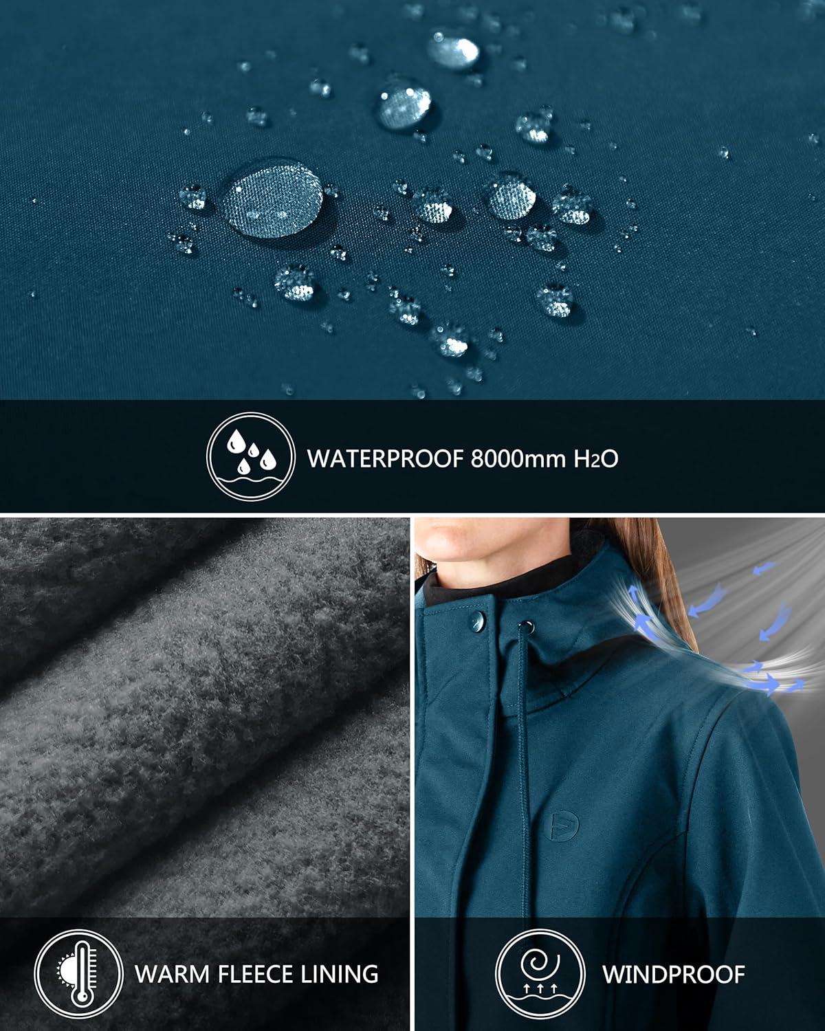 Outdoor Ventures Women’s Lightweight Waterproof Fleece Lined Hooded Softshell Rain Jacket, Warm Windbreaker Long Coat(Modern Blue)