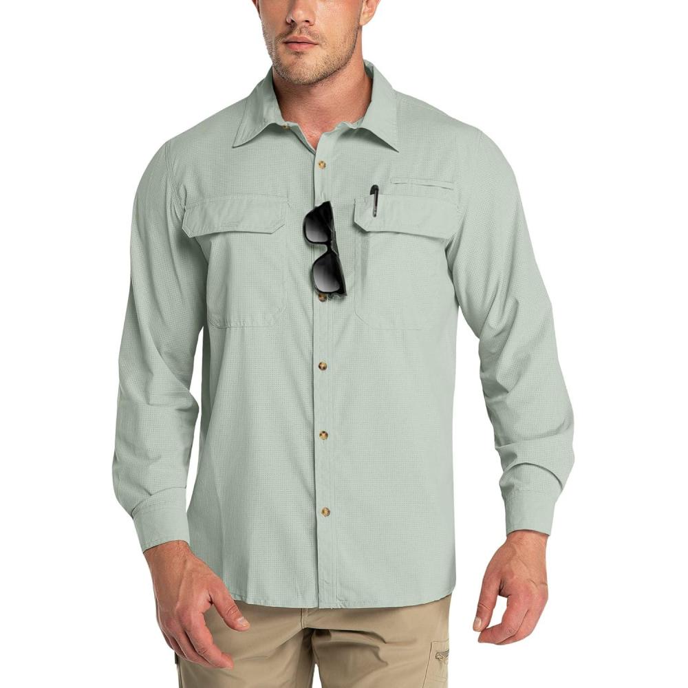 Outdoor Ventures Men’s UPF 50+ UV Sun Protection Shirt, Long Sleeve Hiking Fishing Shirt Cooling Quick Dry for Safari Travel(Light Green)