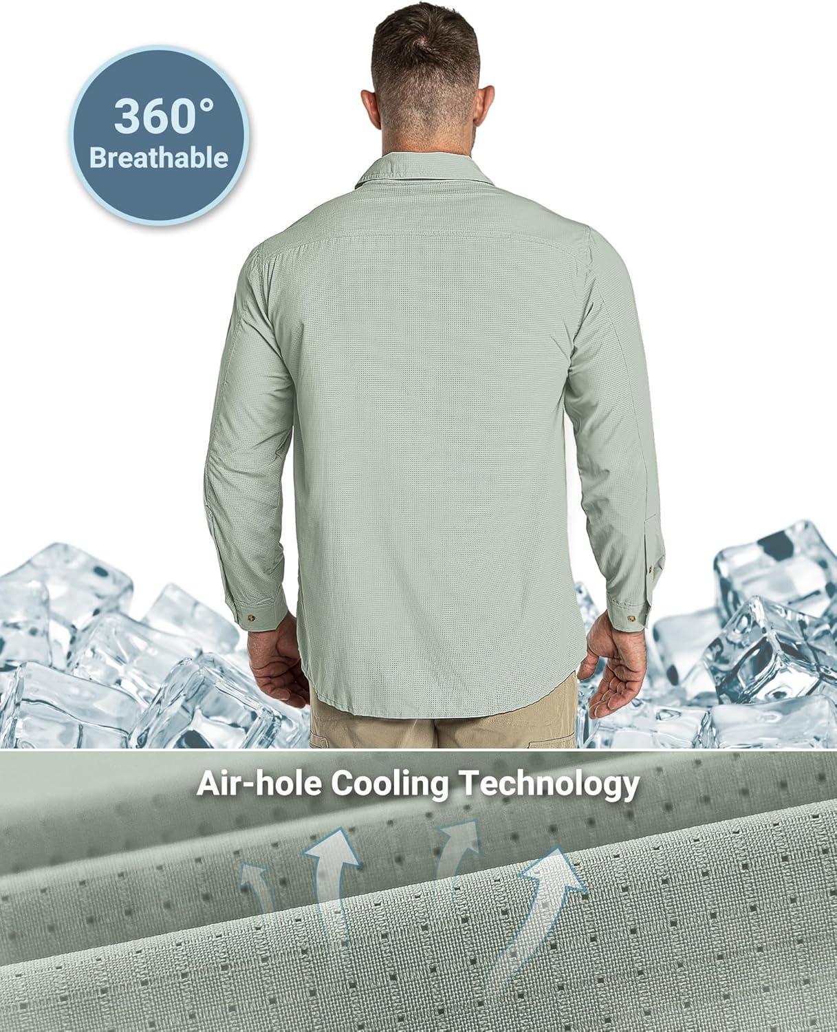 Outdoor Ventures Men’s UPF 50+ UV Sun Protection Shirt, Long Sleeve Hiking Fishing Shirt Cooling Quick Dry for Safari Travel(Light Green)