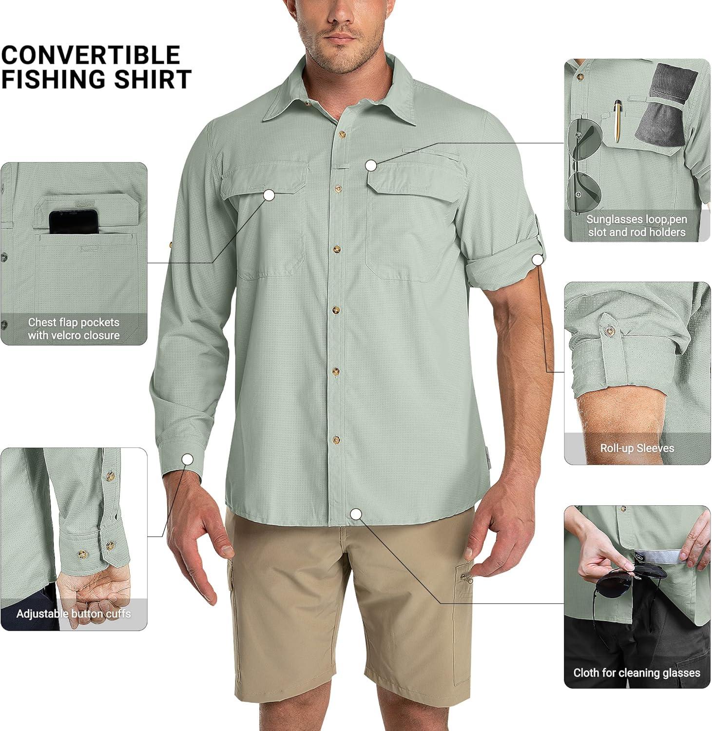 Outdoor Ventures Men’s UPF 50+ UV Sun Protection Shirt, Long Sleeve Hiking Fishing Shirt Cooling Quick Dry for Safari Travel(Light Green)