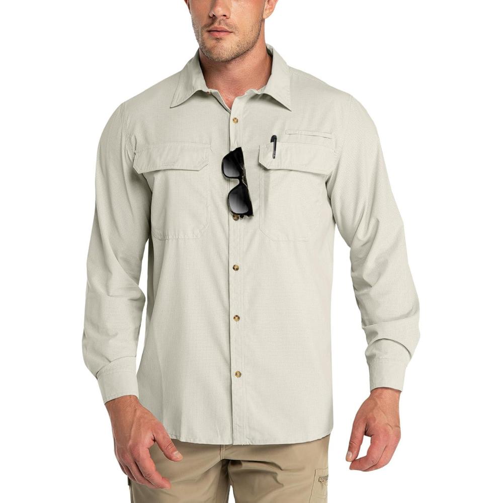 Outdoor Ventures Men’s UPF 50+ UV Sun Protection Shirt, Long Sleeve Hiking Fishing Shirt Cooling Quick Dry for Safari Travel(Fossil)
