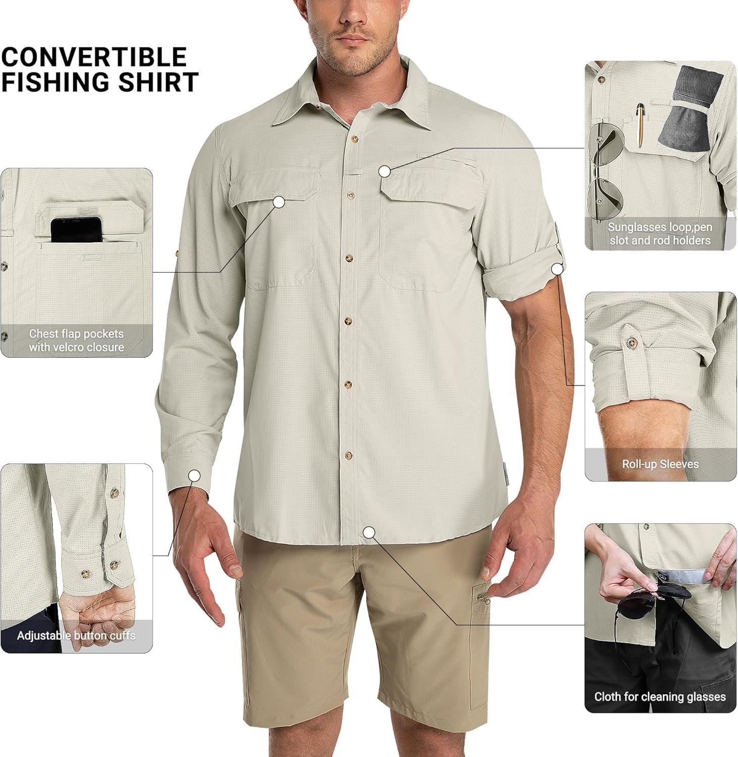 Outdoor Ventures Men’s UPF 50+ UV Sun Protection Shirt, Long Sleeve Hiking Fishing Shirt Cooling Quick Dry for Safari Travel(Fossil)