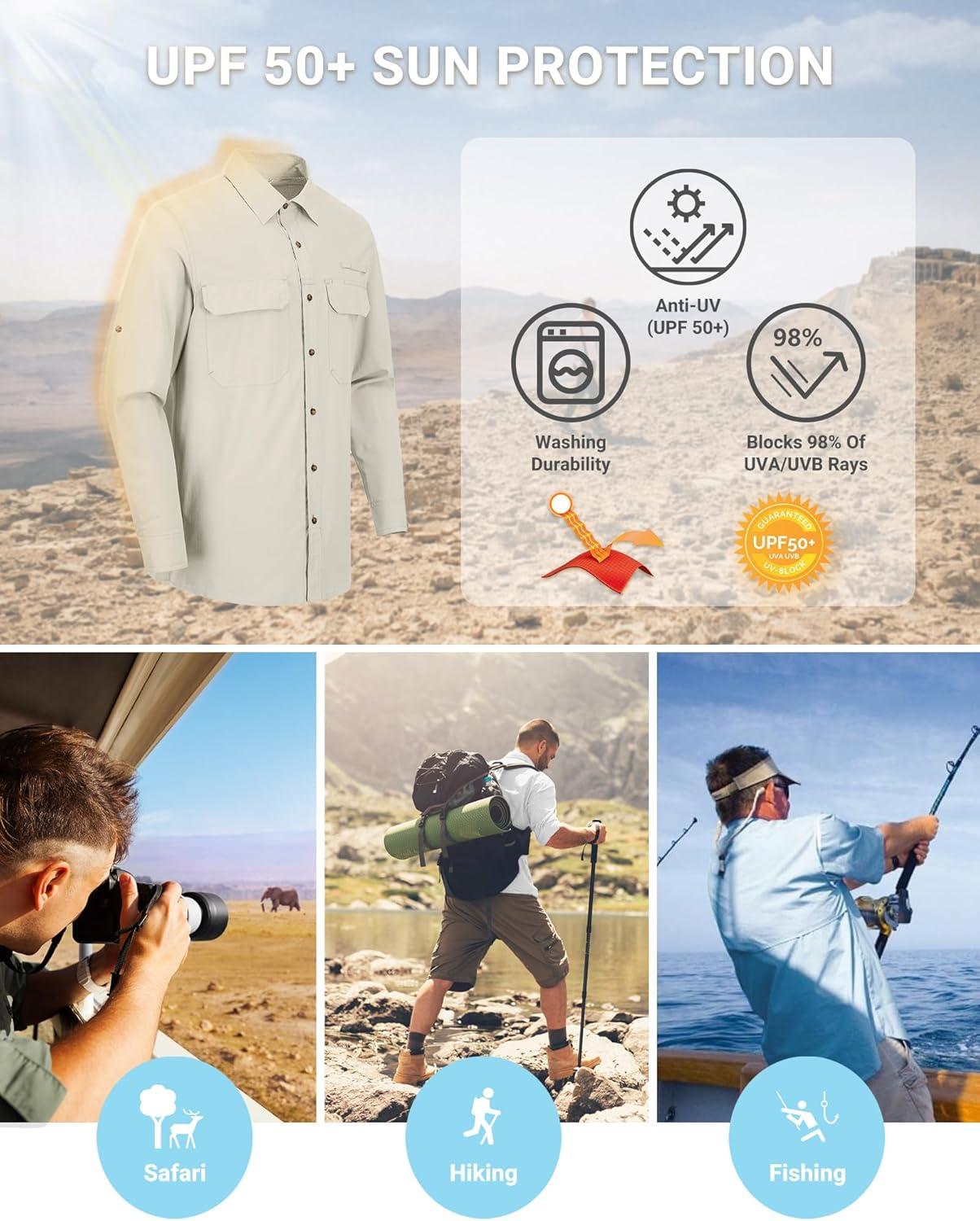 Outdoor Ventures Men’s UPF 50+ UV Sun Protection Shirt, Long Sleeve Hiking Fishing Shirt Cooling Quick Dry for Safari Travel(Fossil)
