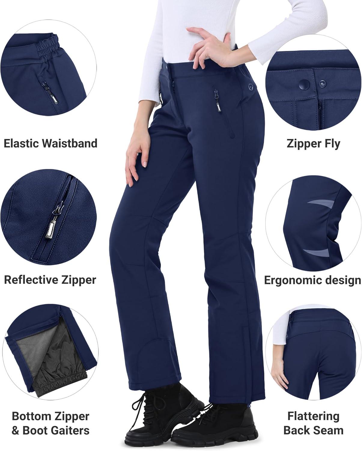 Outdoor Ventures Ski Pants Women Waterproof Insulated Snow Soft Shell Fleece Lined Snowboard Windproof with Boot Gaiters(Navy- New Versione)