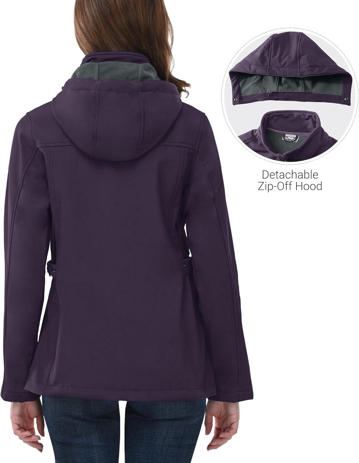 Outdoor Ventures Women’s Softshell Jacket with Removable Hood, Insulated Windbreaker Waterproof Warm Fleece Lined Coat(Purple)