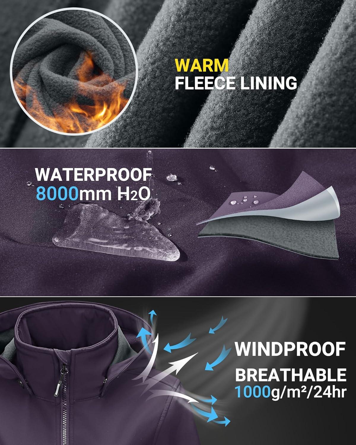 Outdoor Ventures Women’s Softshell Jacket with Removable Hood, Insulated Windbreaker Waterproof Warm Fleece Lined Coat(Purple)