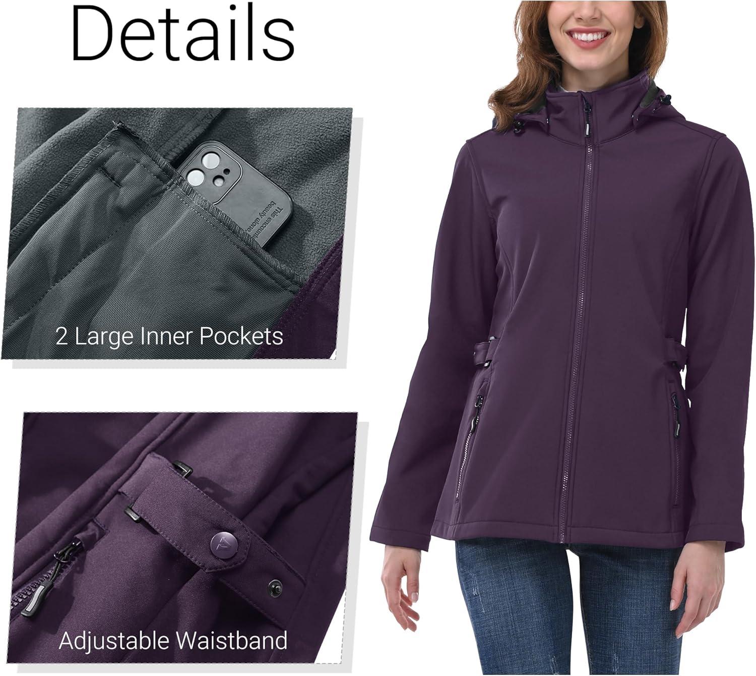 Outdoor Ventures Women’s Softshell Jacket with Removable Hood, Insulated Windbreaker Waterproof Warm Fleece Lined Coat(Purple)