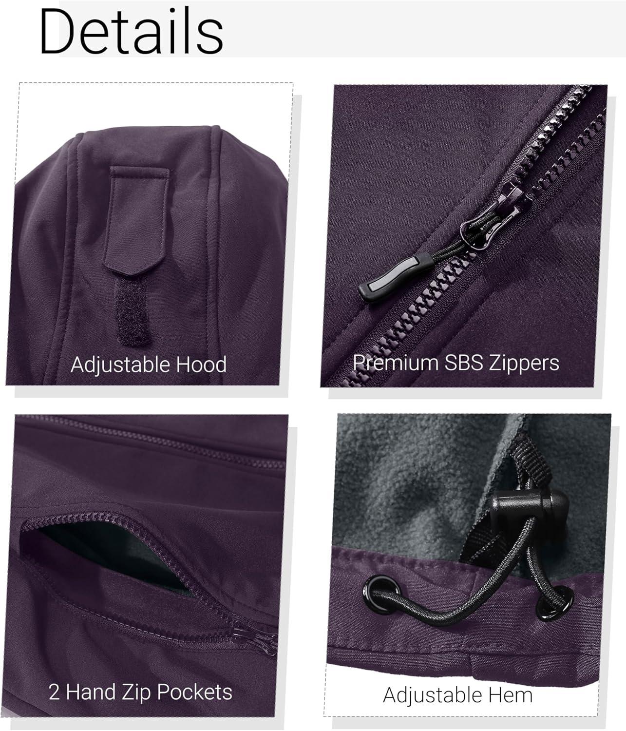 Outdoor Ventures Women’s Softshell Jacket with Removable Hood, Insulated Windbreaker Waterproof Warm Fleece Lined Coat(Purple)