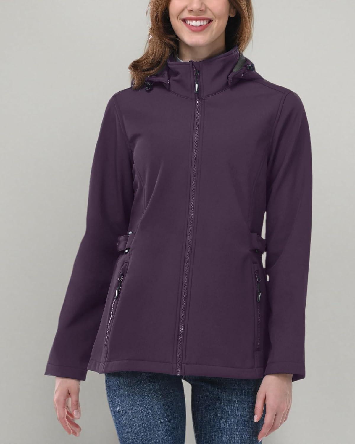 Outdoor Ventures Women’s Softshell Jacket with Removable Hood, Insulated Windbreaker Waterproof Warm Fleece Lined Coat(Purple)