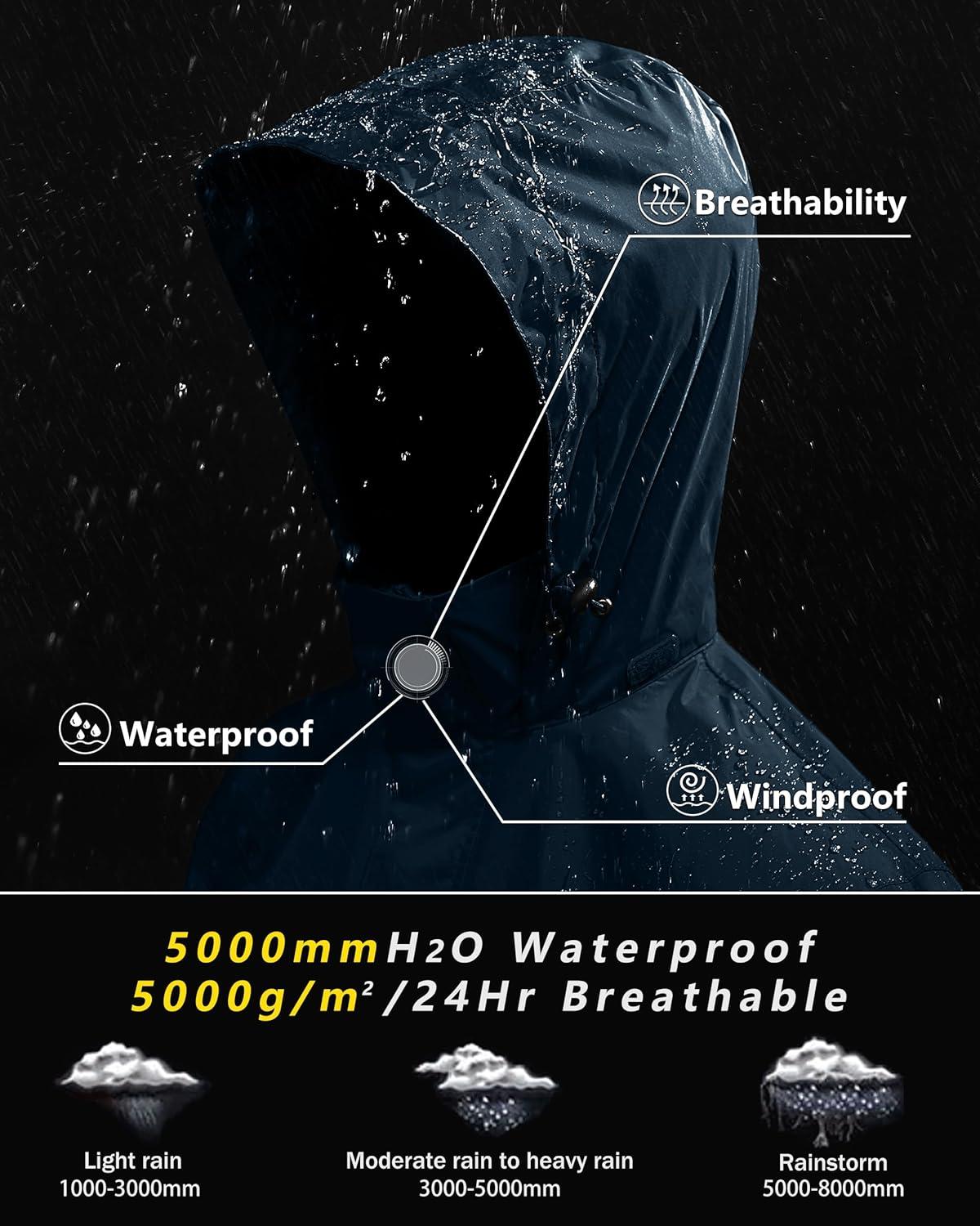 Outdoor Ventures Men’s Rain Jacket Waterproof Lightweight Packable Rain Shell Raincoat with Hood for Golf Hiking Travel(Steel Blue)