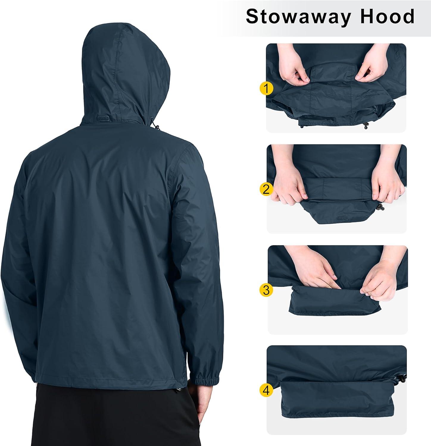 Outdoor Ventures Men’s Rain Jacket Waterproof Lightweight Packable Rain Shell Raincoat with Hood for Golf Hiking Travel(Steel Blue)