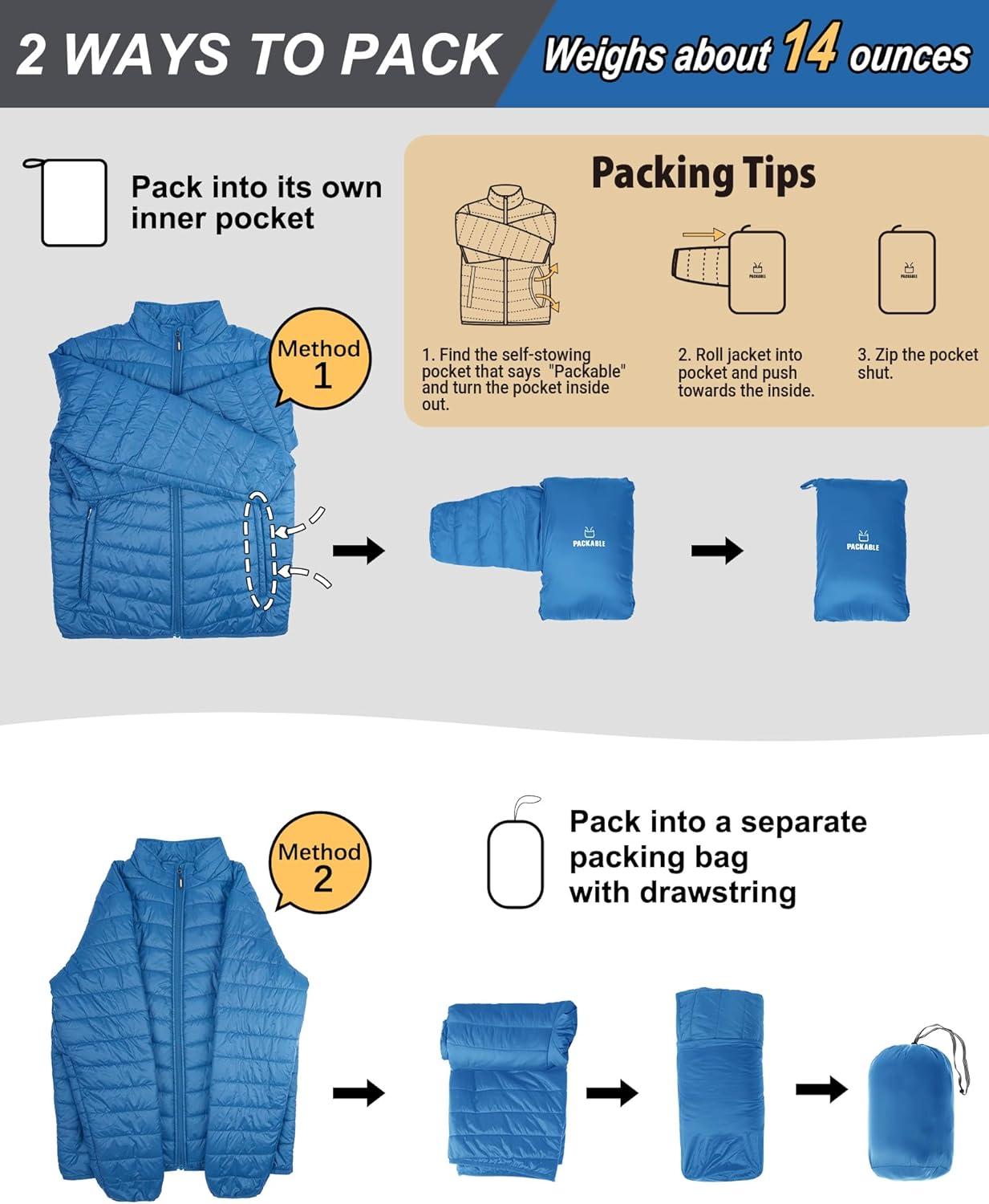 Outdoor Ventures Men’s Lightweight Packable Puffer Winter Jacket Insulated Puffy Coat for Snow Ski Hiking Travel(Cobalt Blue(fold in Pocket Or Bag))