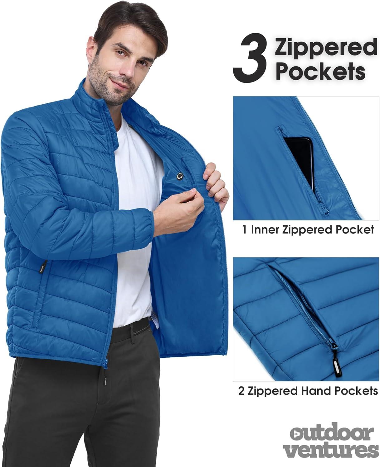 Outdoor Ventures Men’s Lightweight Packable Puffer Winter Jacket Insulated Puffy Coat for Snow Ski Hiking Travel(Cobalt Blue(fold in Pocket Or Bag))