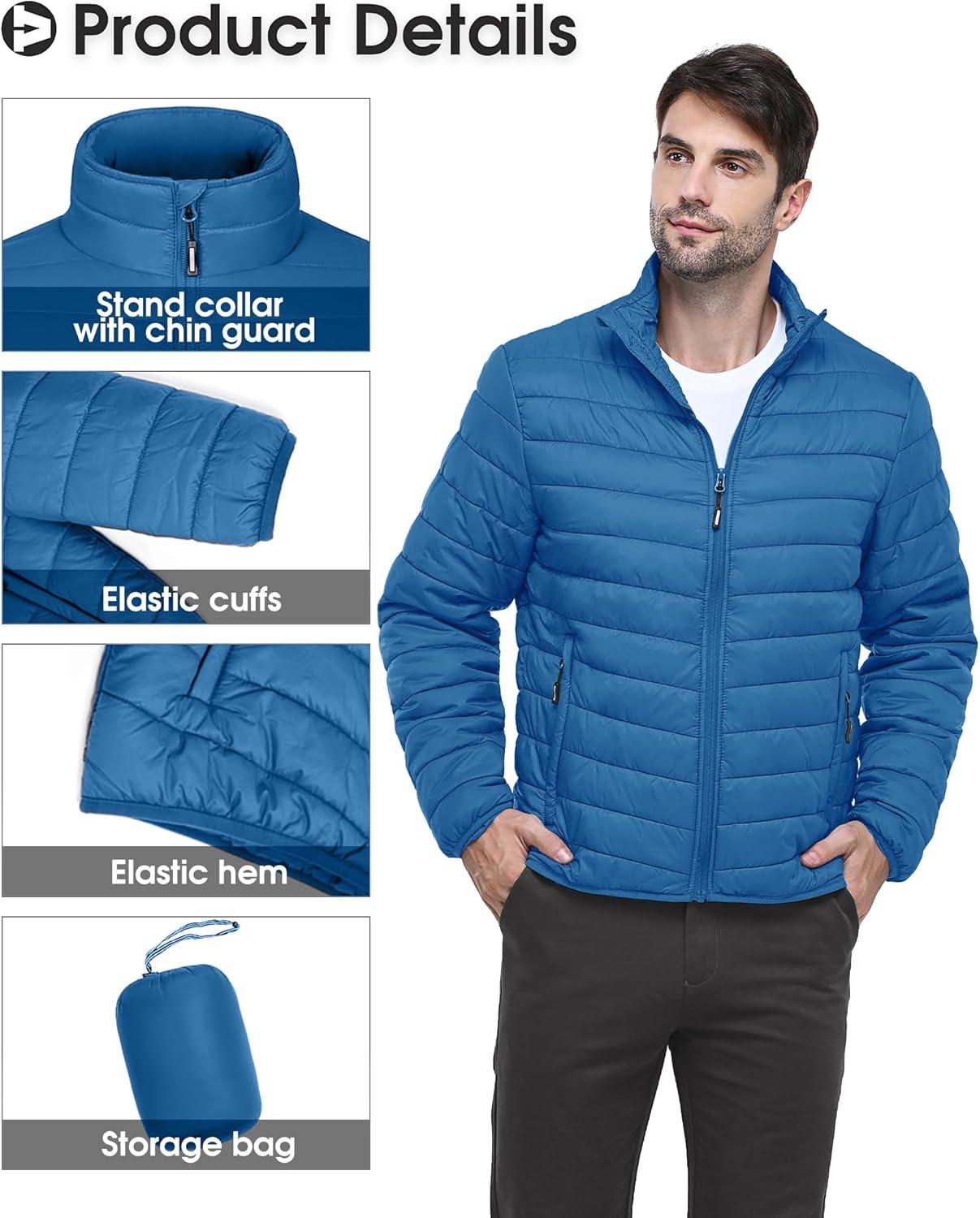 Outdoor Ventures Men’s Lightweight Packable Puffer Winter Jacket Insulated Puffy Coat for Snow Ski Hiking Travel(Cobalt Blue(fold in Pocket Or Bag))