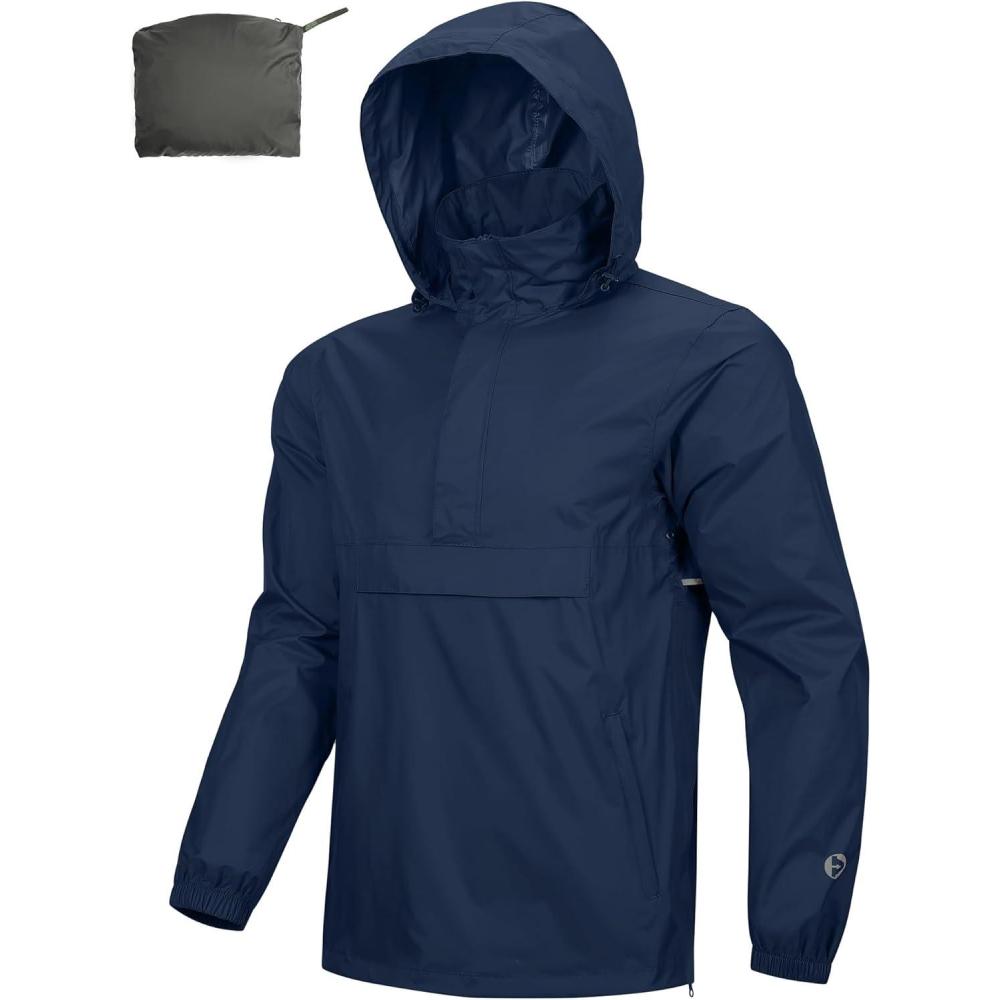 Outdoor Ventures Men’s Rain Jacket Waterproof Lightweight Packable Rain Pullover for Hiking Golf Running(Navy Blue)