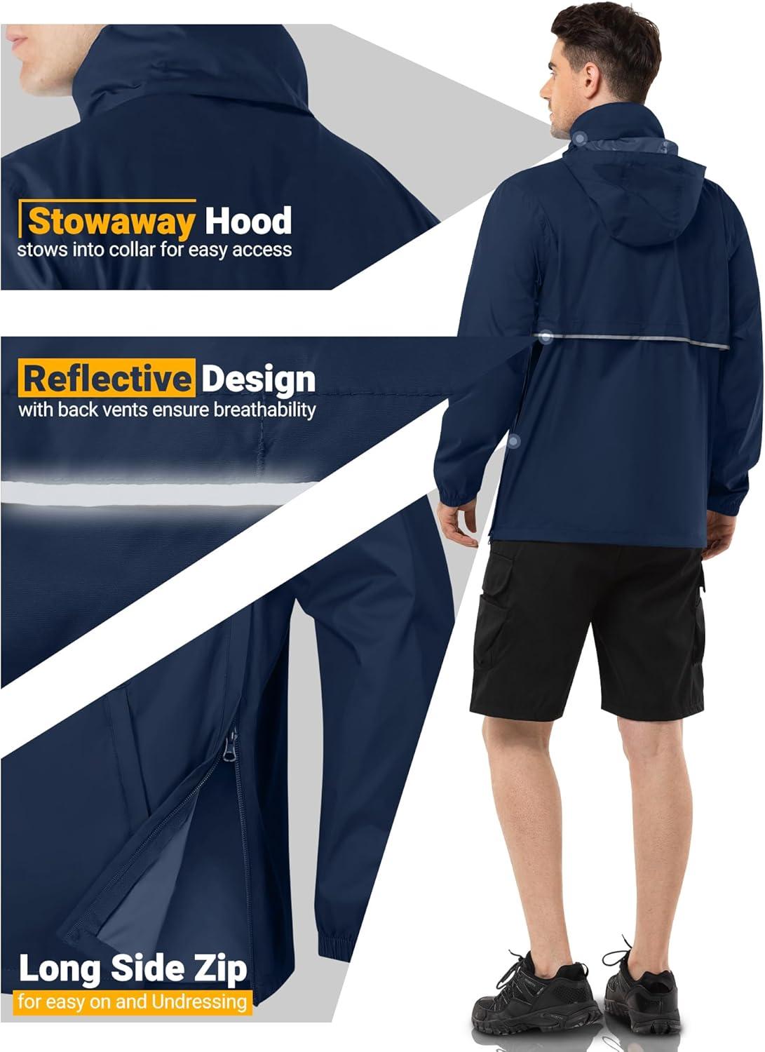 Outdoor Ventures Men’s Rain Jacket Waterproof Lightweight Packable Rain Pullover for Hiking Golf Running(Navy Blue)
