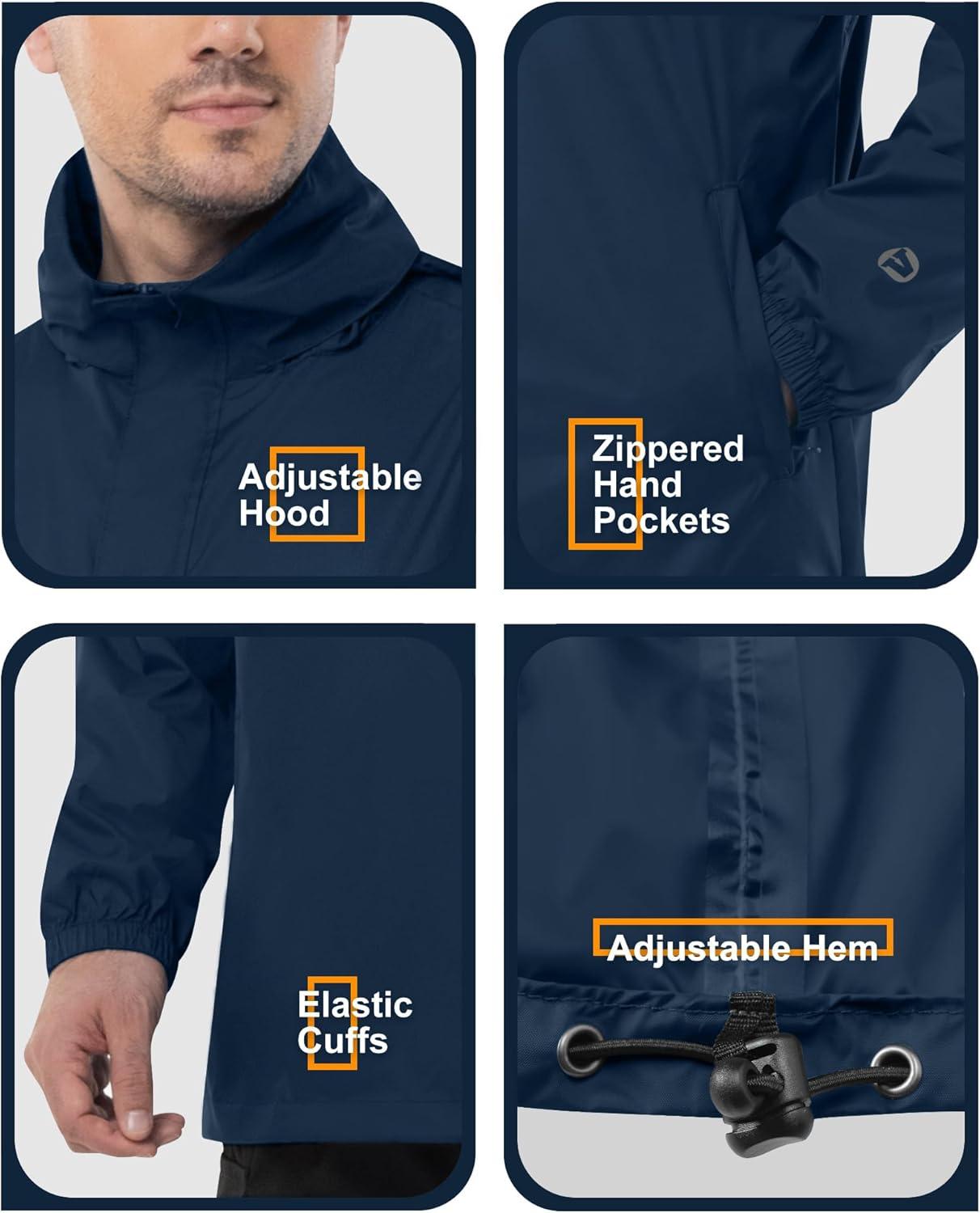 Outdoor Ventures Men’s Rain Jacket Waterproof Lightweight Packable Rain Pullover for Hiking Golf Running(Navy Blue)