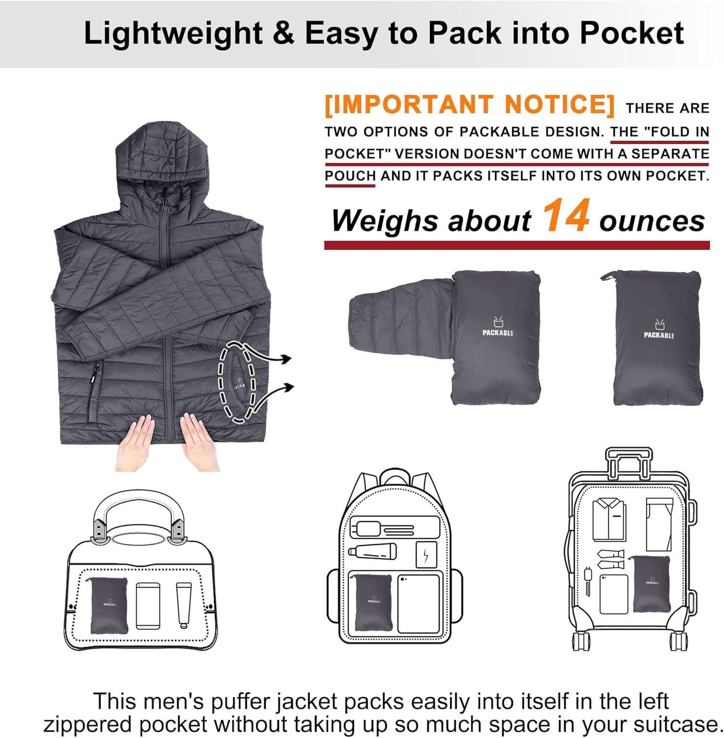 Outdoor Ventures Men’s Lightweight Packable Hooded Puffer Jacket Insulated Winter Coat for Snow Ski Traveling(Grey(fold in Pocket))