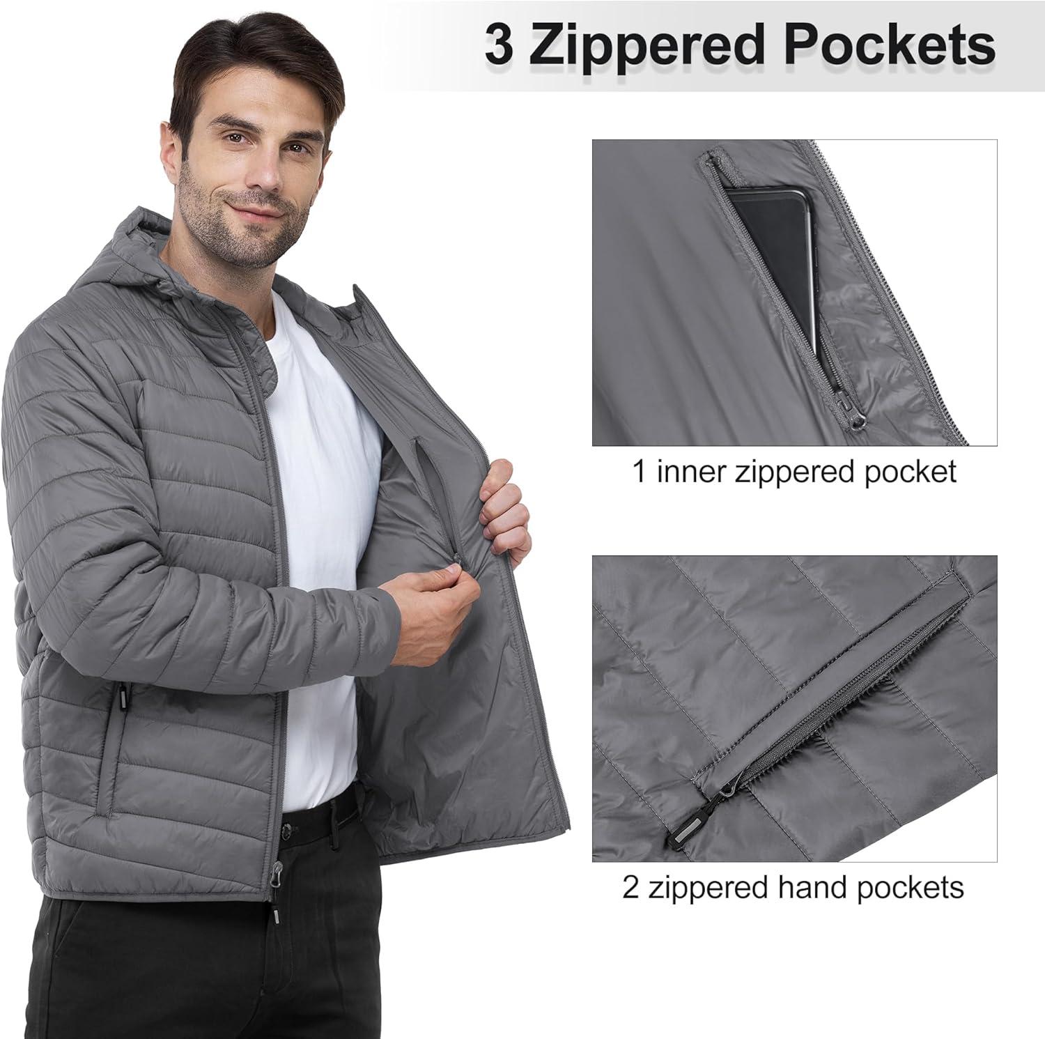 Outdoor Ventures Men’s Lightweight Packable Hooded Puffer Jacket Insulated Winter Coat for Snow Ski Traveling(Grey(fold in Pocket))