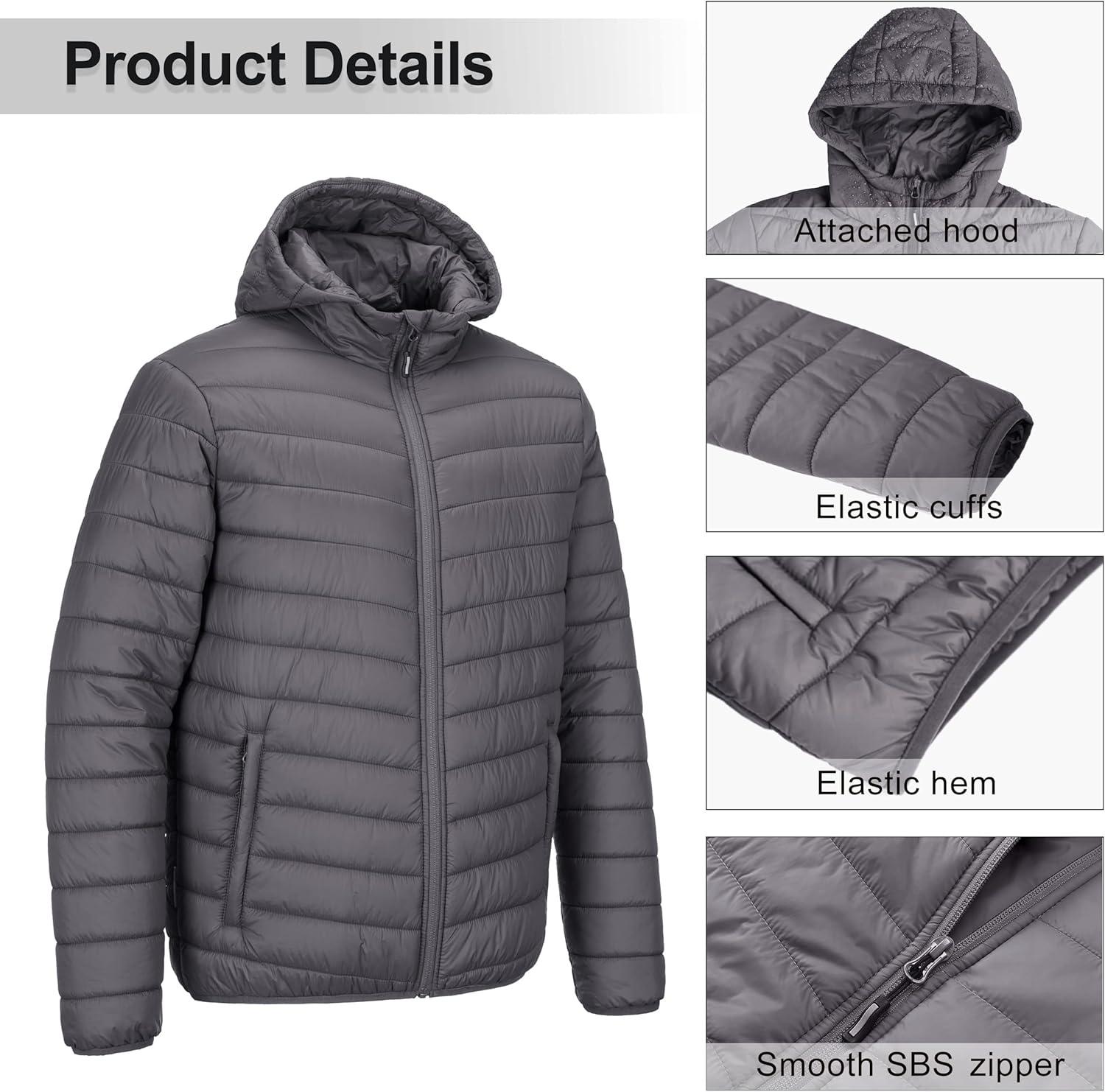 Outdoor Ventures Men’s Lightweight Packable Hooded Puffer Jacket Insulated Winter Coat for Snow Ski Traveling(Grey(fold in Pocket))