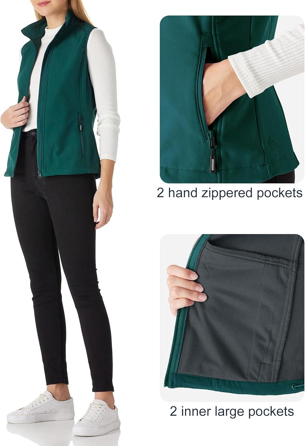 Outdoor Ventures Women’s Lightweight Softshell Vest Windproof Fleece Lined Zip Up Sleeveless Jacket for Running Hiking Golf(Deep Green)