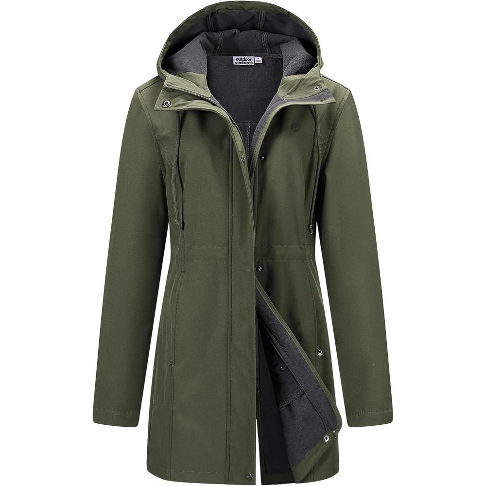 Outdoor Ventures Women’s Lightweight Waterproof Fleece Lined Hooded Softshell Rain Jacket, Warm Windbreaker Long Coat(Olive Green)