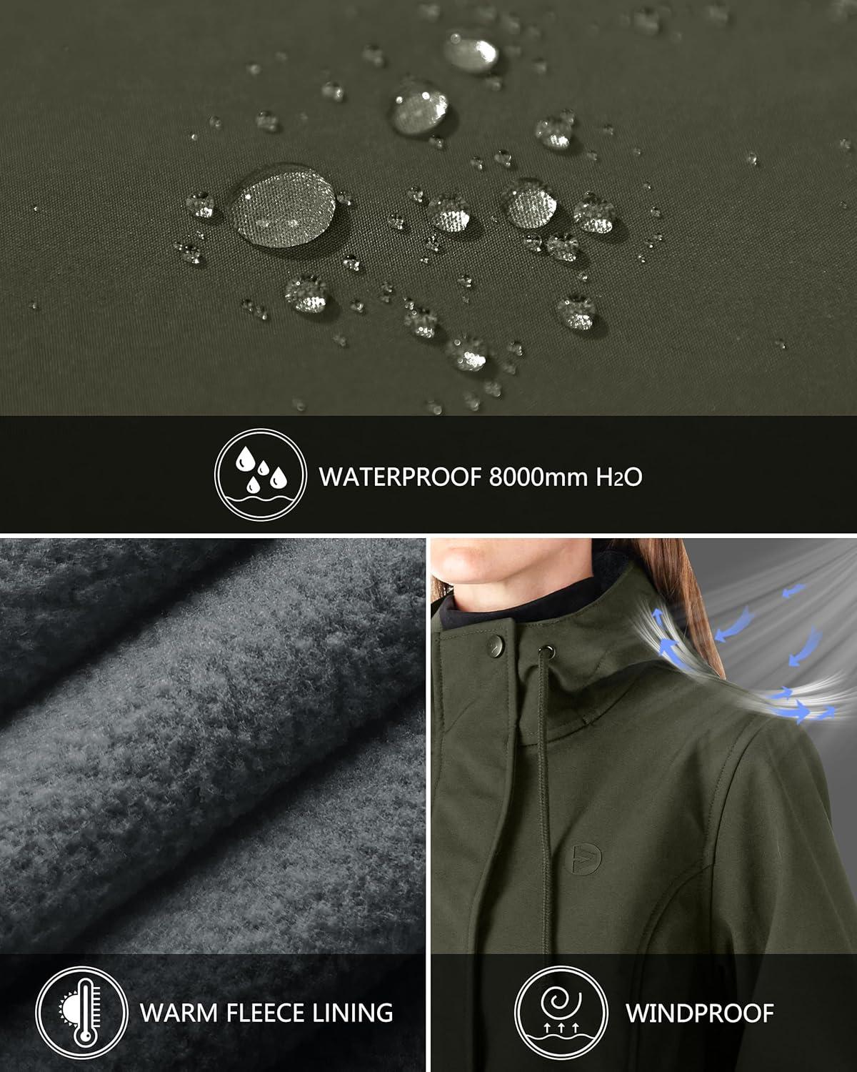Outdoor Ventures Women’s Lightweight Waterproof Fleece Lined Hooded Softshell Rain Jacket, Warm Windbreaker Long Coat(Olive Green)