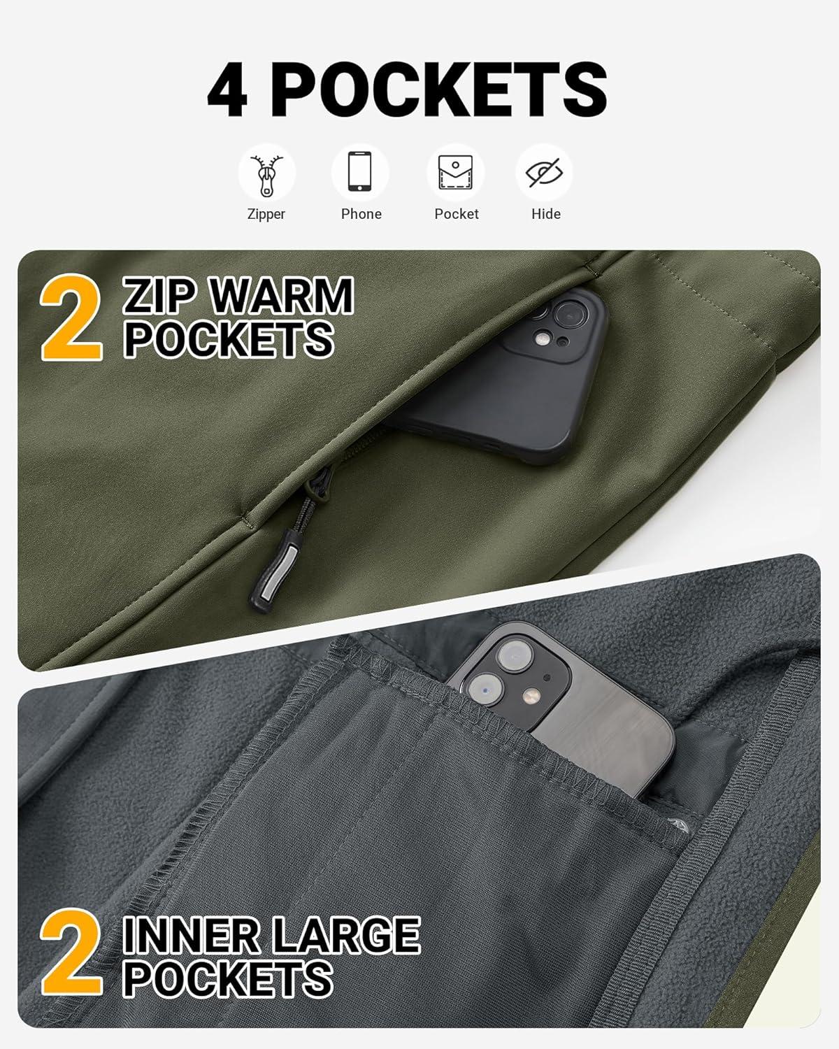 Outdoor Ventures Women’s Lightweight Waterproof Fleece Lined Hooded Softshell Rain Jacket, Warm Windbreaker Long Coat(Olive Green)