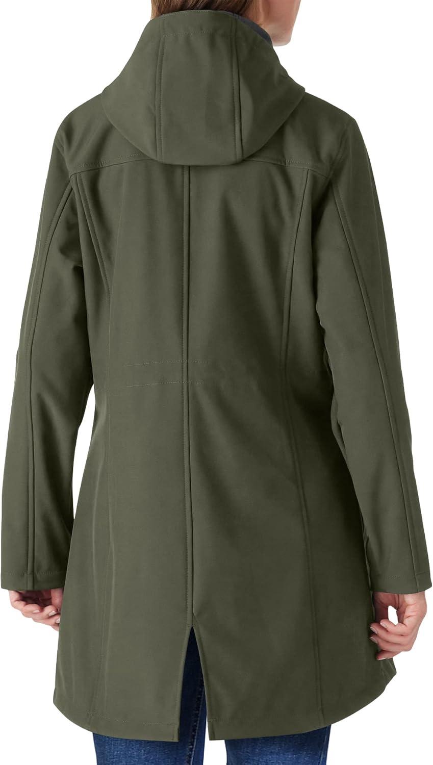 Outdoor Ventures Women’s Lightweight Waterproof Fleece Lined Hooded Softshell Rain Jacket, Warm Windbreaker Long Coat(Olive Green)