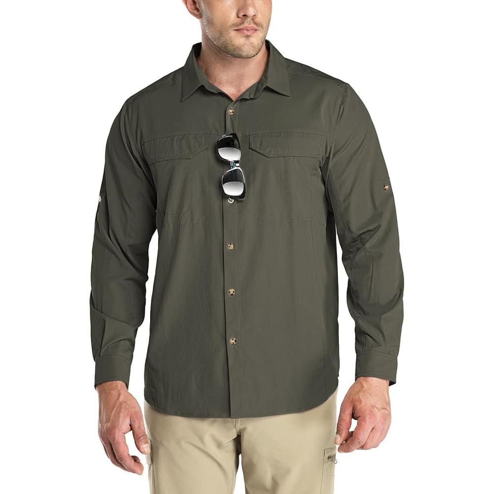 Outdoor Ventures Men’s UPF 50+ UV Sun Protection SPF Hiking Shirt Long Sleeve Lightweight Quick Dry for Safari Travel Fishing(Green)