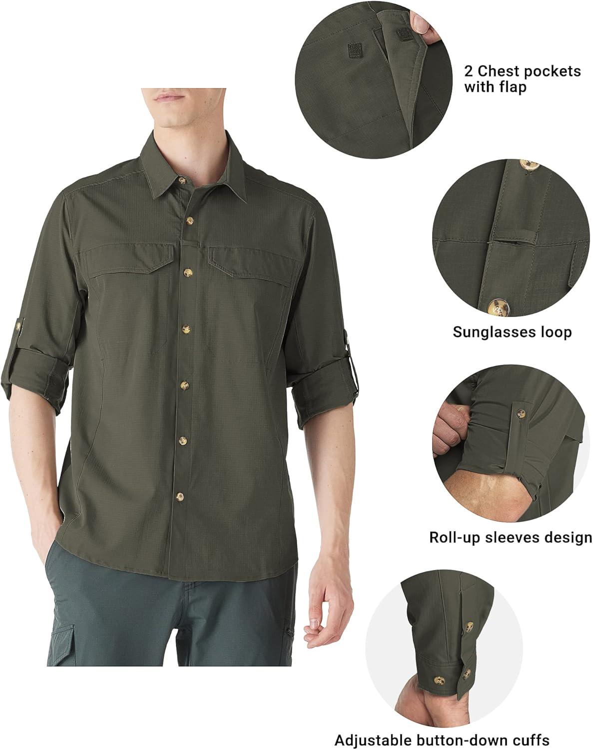Outdoor Ventures Men’s UPF 50+ UV Sun Protection SPF Hiking Shirt Long Sleeve Lightweight Quick Dry for Safari Travel Fishing(Green)