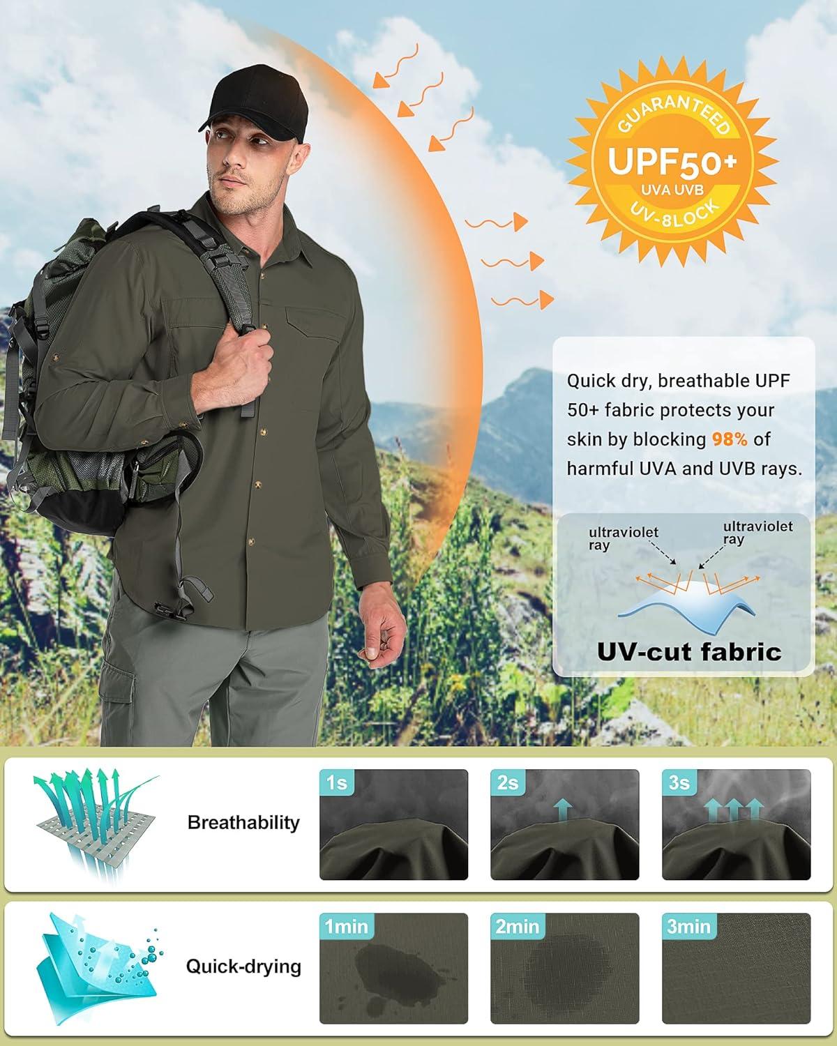 Outdoor Ventures Men’s UPF 50+ UV Sun Protection SPF Hiking Shirt Long Sleeve Lightweight Quick Dry for Safari Travel Fishing(Green)