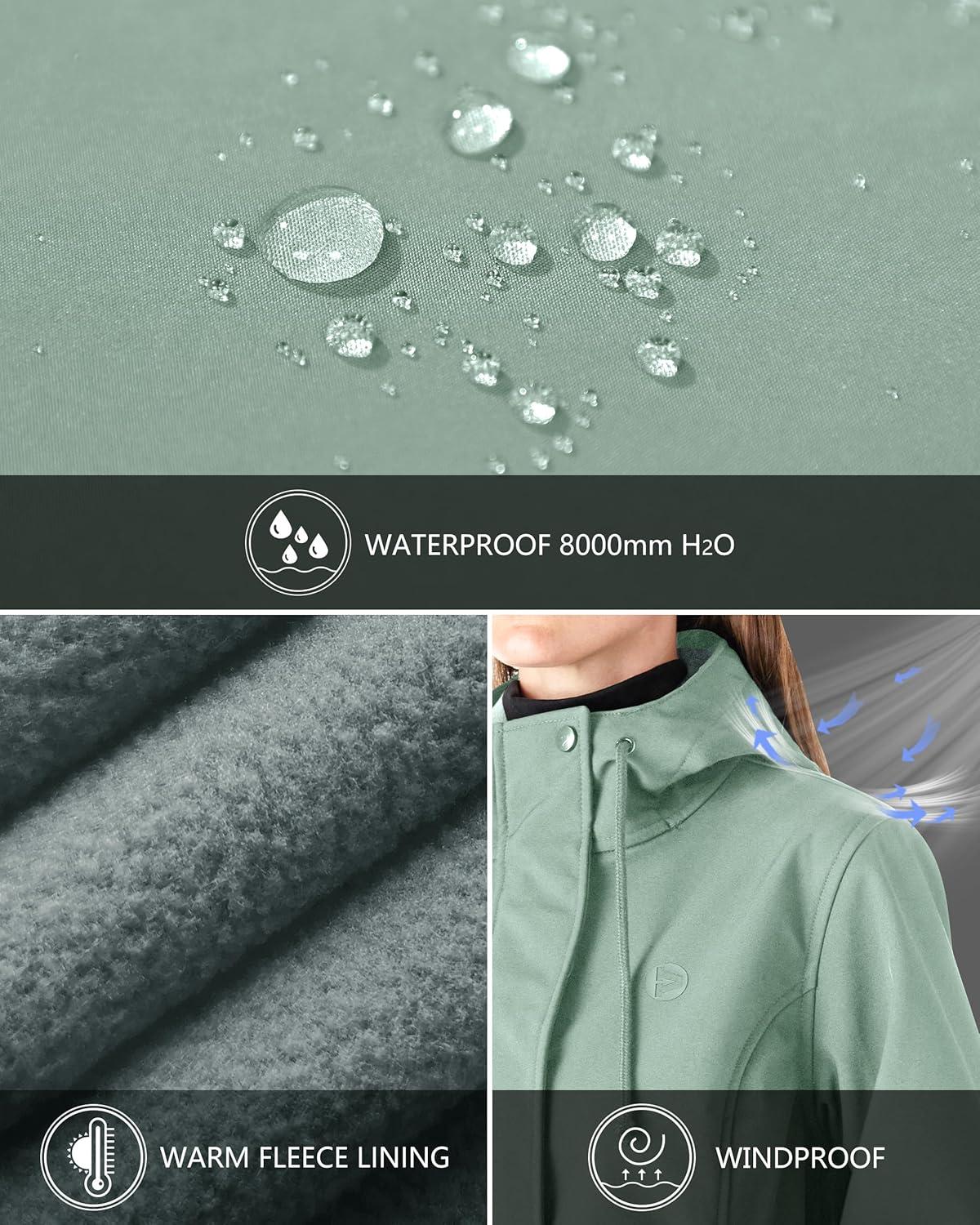 Outdoor Ventures Women’s Lightweight Waterproof Fleece Lined Hooded Softshell Rain Jacket, Warm Windbreaker Long Coat(Light Green)