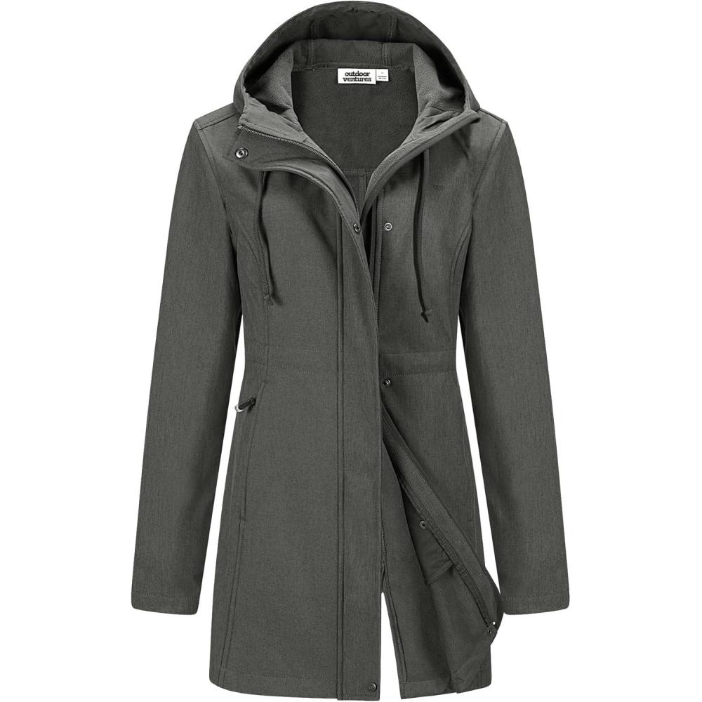 Outdoor Ventures Women’s Lightweight Waterproof Fleece Lined Hooded Softshell Rain Jacket, Warm Windbreaker Long Coat(Dimgrey Melange)