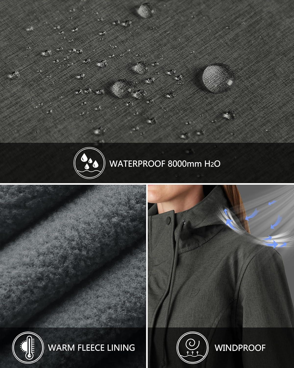 Outdoor Ventures Women’s Lightweight Waterproof Fleece Lined Hooded Softshell Rain Jacket, Warm Windbreaker Long Coat(Dimgrey Melange)