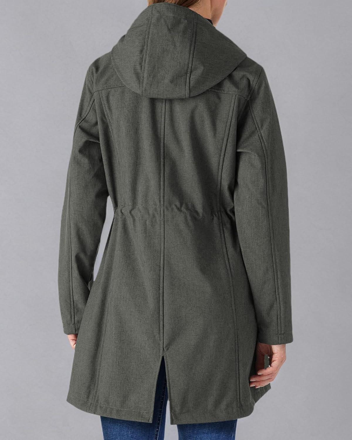 Outdoor Ventures Women’s Lightweight Waterproof Fleece Lined Hooded Softshell Rain Jacket, Warm Windbreaker Long Coat(Dimgrey Melange)