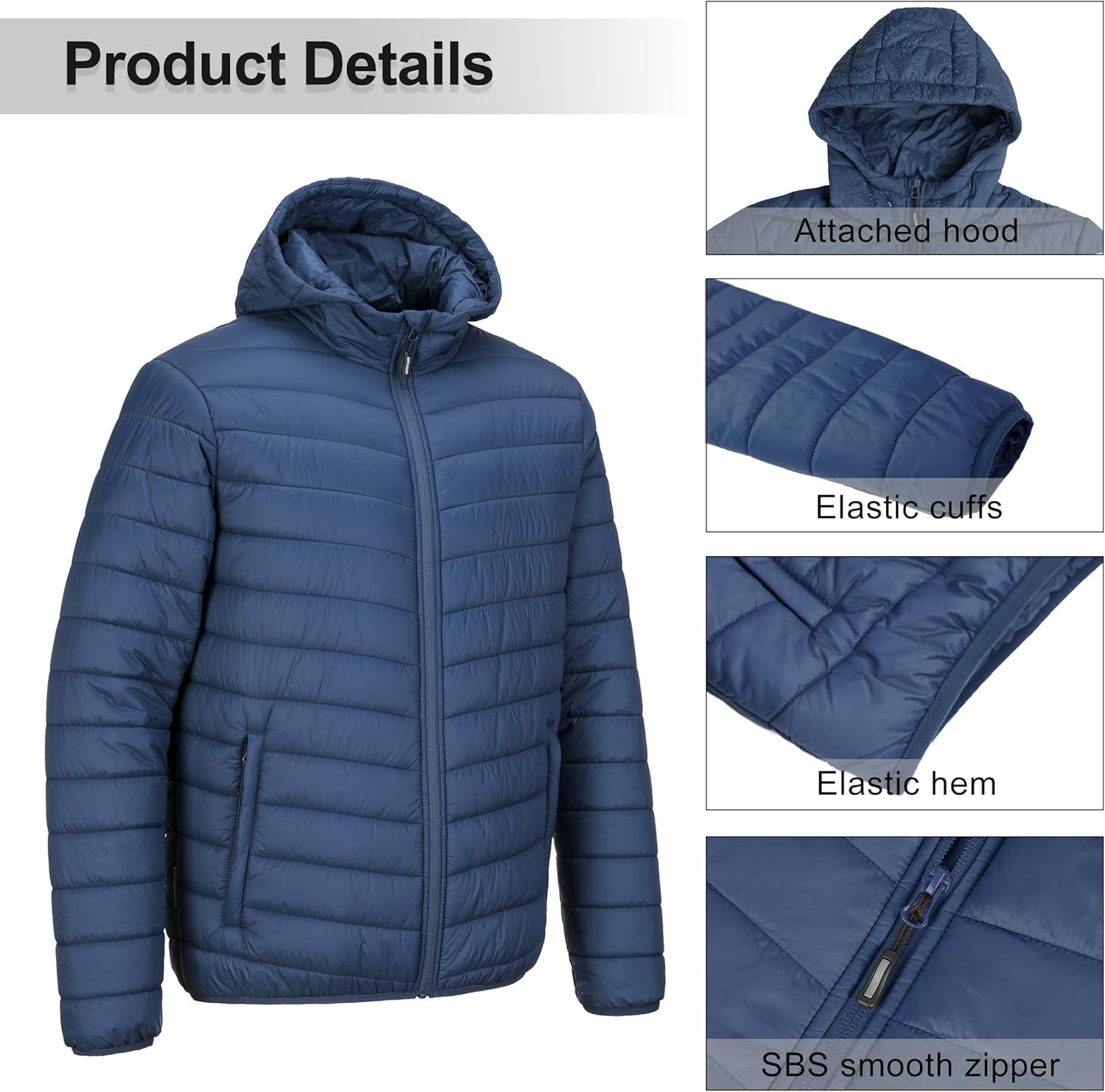 Outdoor Ventures Men’s Lightweight Packable Hooded Puffer Jacket Insulated Winter Coat for Snow Ski Traveling(Collegiate Navy(fold in Pocket))
