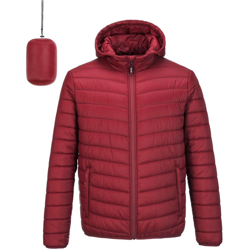 Outdoor Ventures Men’s Lightweight Packable Hooded Puffer Jacket Insulated Winter Coat for Snow Ski Traveling(Mountain Red(fold in Bag))