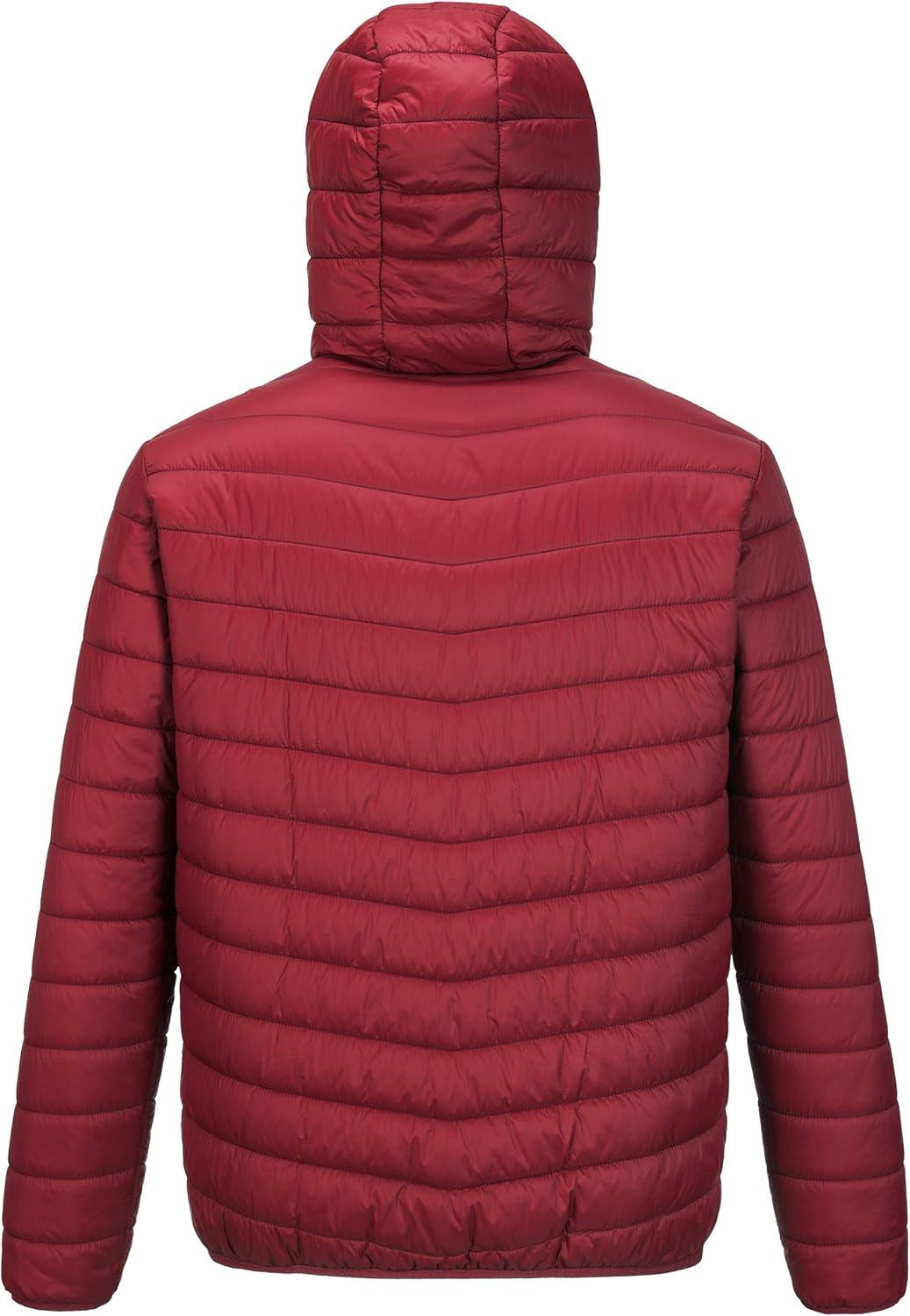 Outdoor Ventures Men’s Lightweight Packable Hooded Puffer Jacket Insulated Winter Coat for Snow Ski Traveling(Mountain Red(fold in Bag))