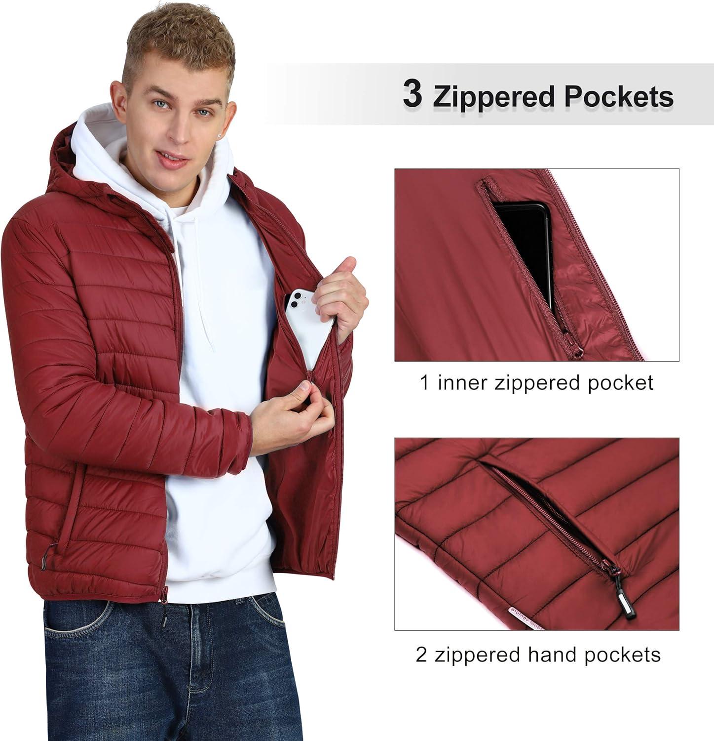 Outdoor Ventures Men’s Lightweight Packable Hooded Puffer Jacket Insulated Winter Coat for Snow Ski Traveling(Mountain Red(fold in Bag))