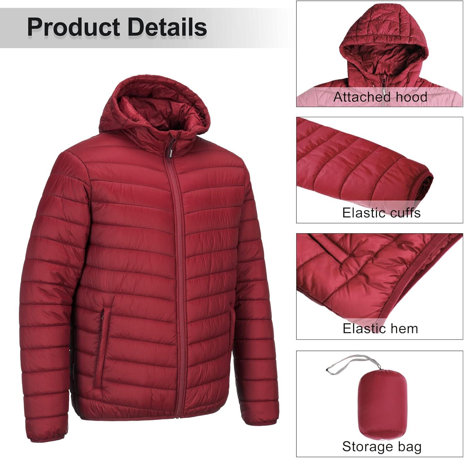 Outdoor Ventures Men’s Lightweight Packable Hooded Puffer Jacket Insulated Winter Coat for Snow Ski Traveling(Mountain Red(fold in Bag))
