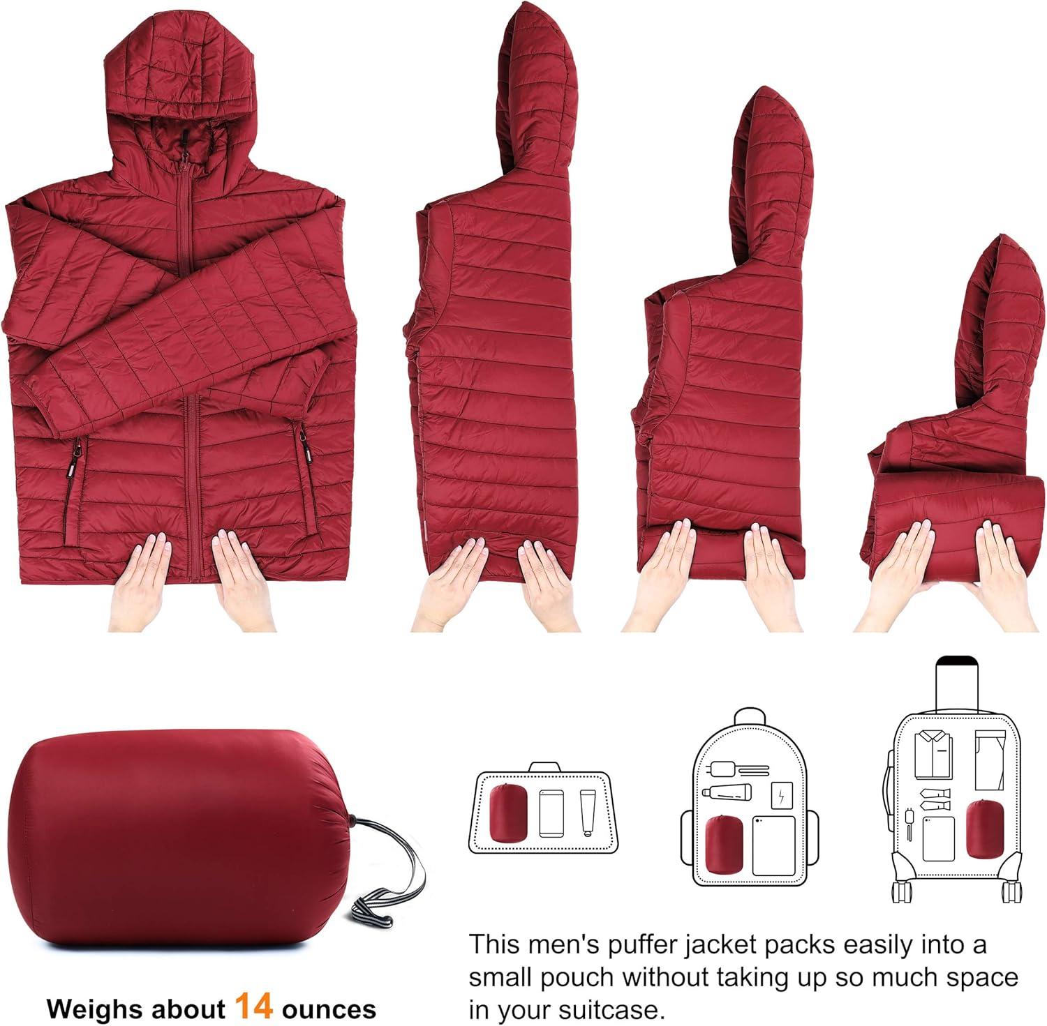 Outdoor Ventures Men’s Lightweight Packable Hooded Puffer Jacket Insulated Winter Coat for Snow Ski Traveling(Mountain Red(fold in Bag))