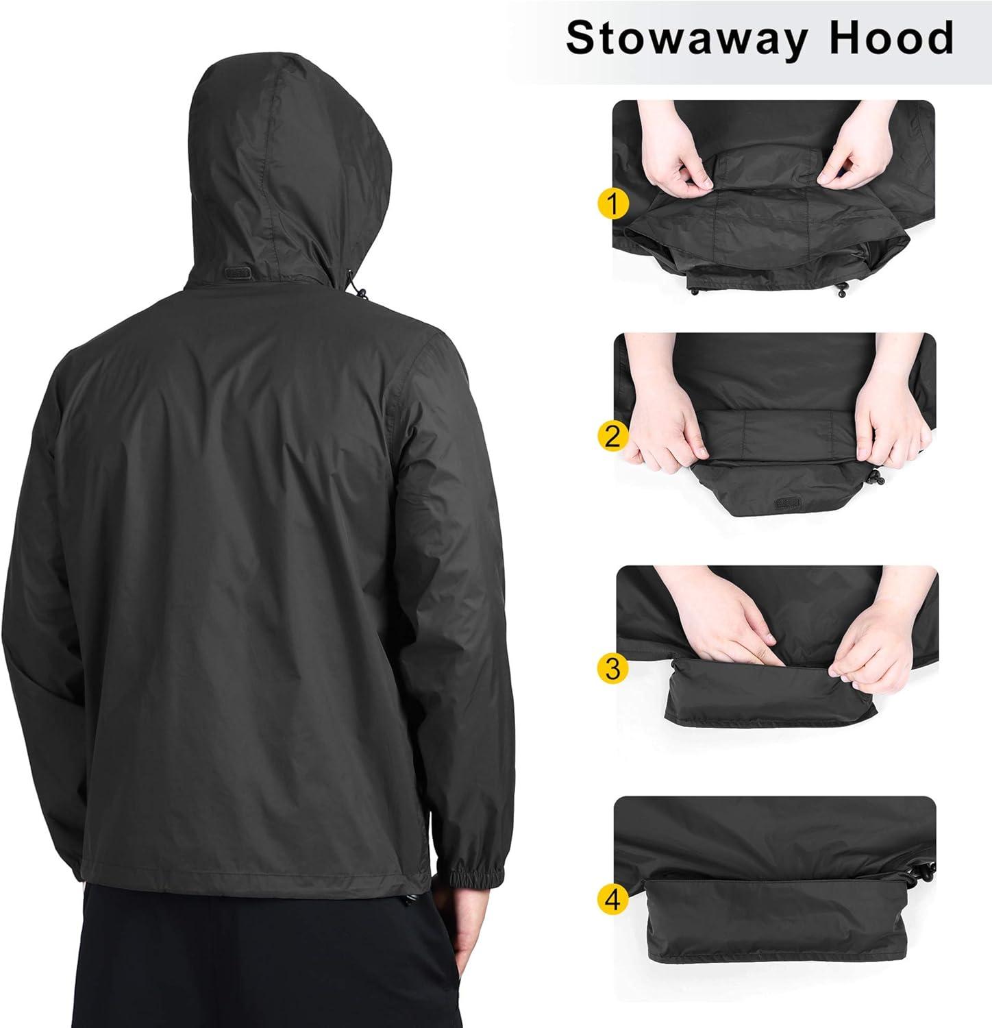Outdoor Ventures Men’s Rain Jacket Waterproof Lightweight Packable Rain Shell Raincoat with Hood for Golf Hiking Travel(Black)