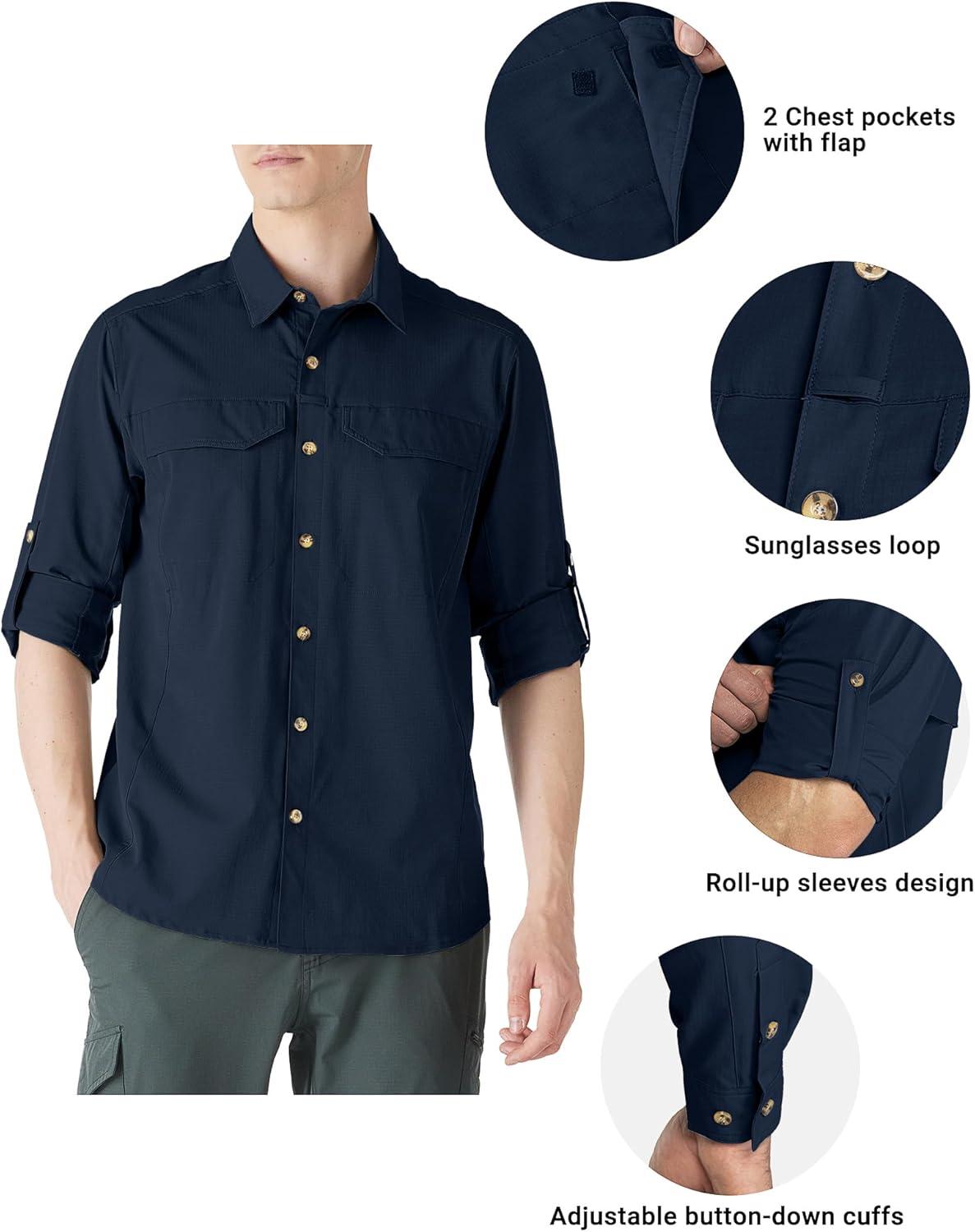 Outdoor Ventures Men’s UPF 50+ UV Sun Protection SPF Hiking Shirt Long Sleeve Lightweight Quick Dry for Safari Travel Fishing(Navy)