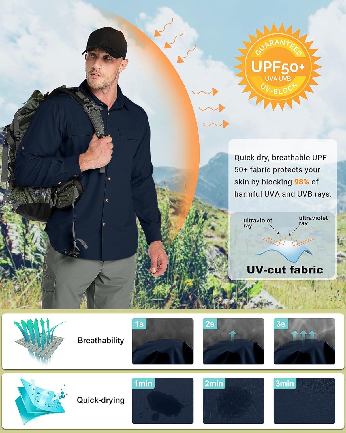 Outdoor Ventures Men’s UPF 50+ UV Sun Protection SPF Hiking Shirt Long Sleeve Lightweight Quick Dry for Safari Travel Fishing(Navy)