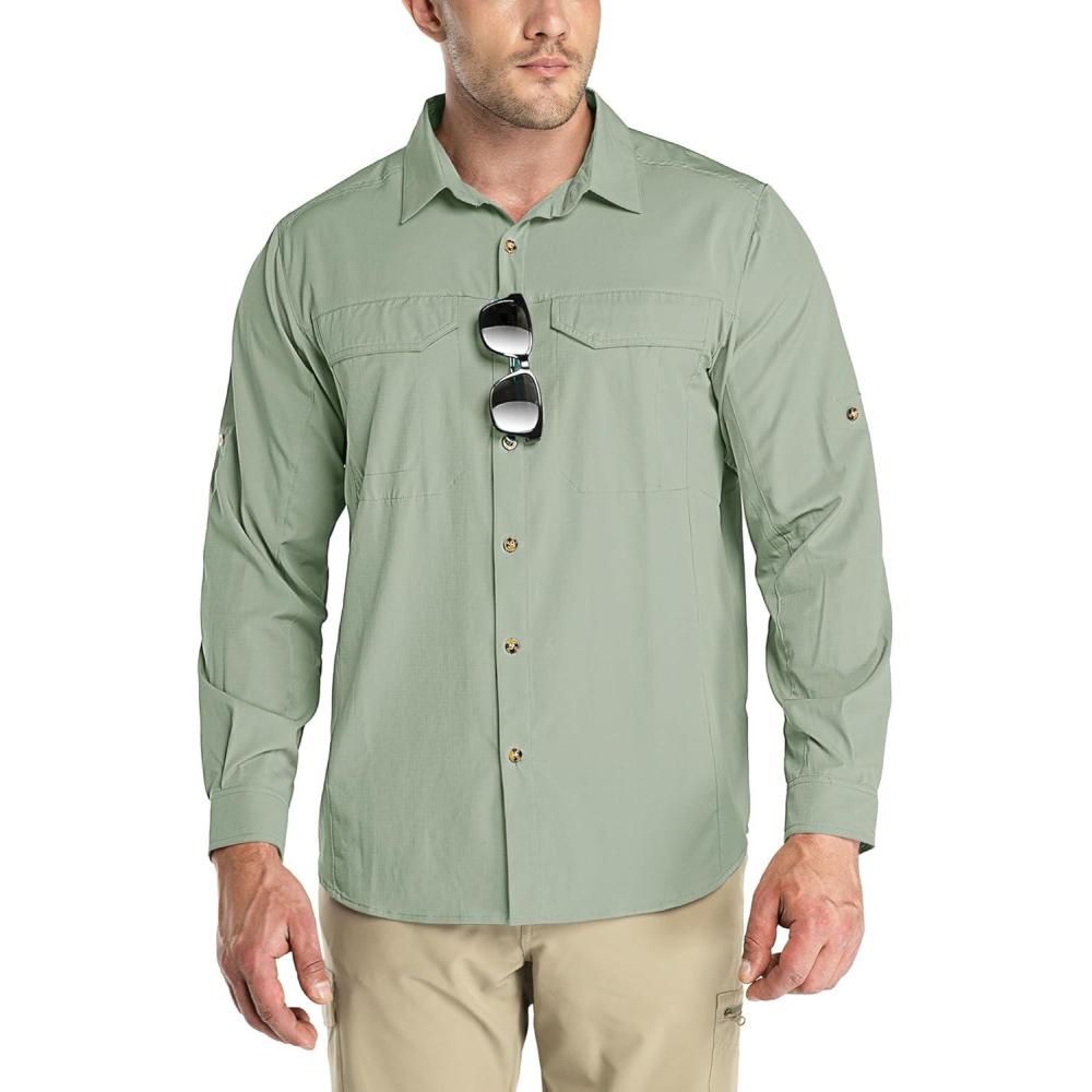 Outdoor Ventures Men’s UPF 50+ UV Sun Protection SPF Hiking Shirt Long Sleeve Lightweight Quick Dry for Safari Travel Fishing(Mountain Green)