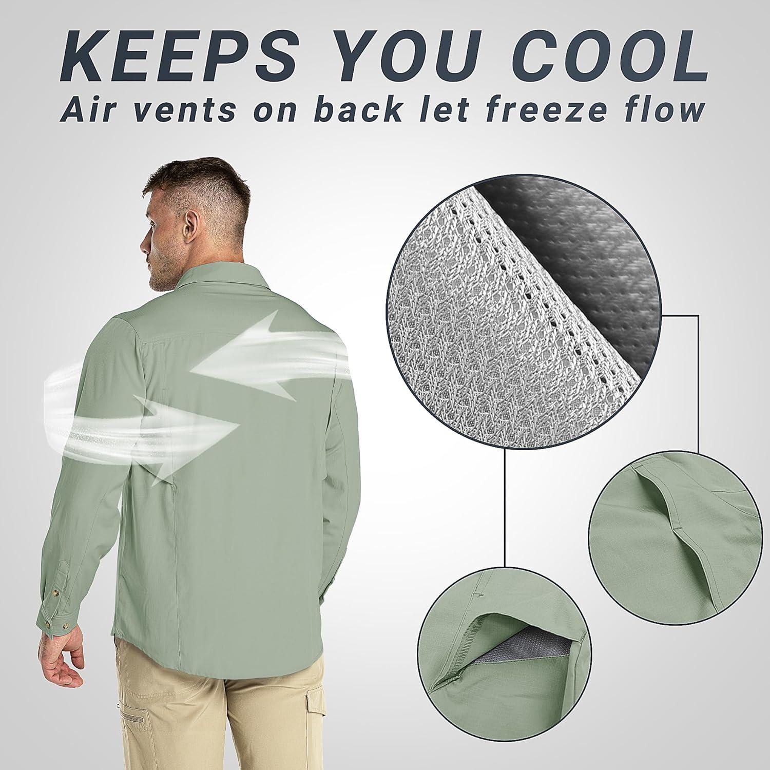 Outdoor Ventures Men’s UPF 50+ UV Sun Protection SPF Hiking Shirt Long Sleeve Lightweight Quick Dry for Safari Travel Fishing(Mountain Green)
