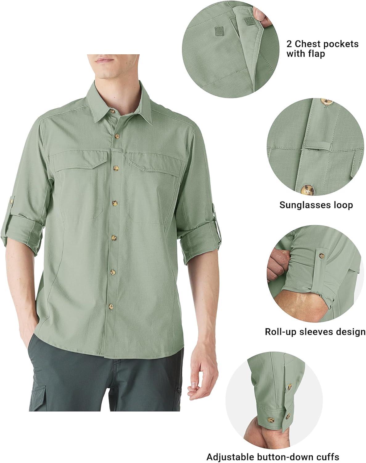 Outdoor Ventures Men’s UPF 50+ UV Sun Protection SPF Hiking Shirt Long Sleeve Lightweight Quick Dry for Safari Travel Fishing(Mountain Green)