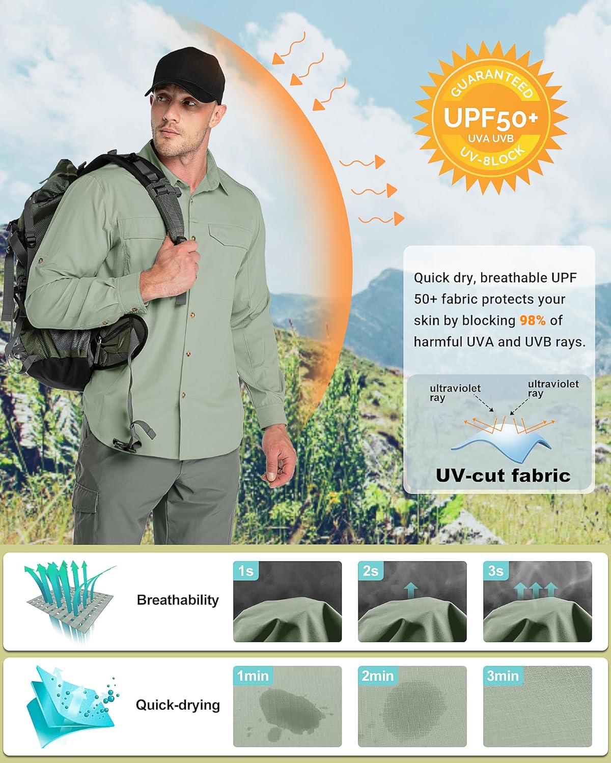 Outdoor Ventures Men’s UPF 50+ UV Sun Protection SPF Hiking Shirt Long Sleeve Lightweight Quick Dry for Safari Travel Fishing(Mountain Green)