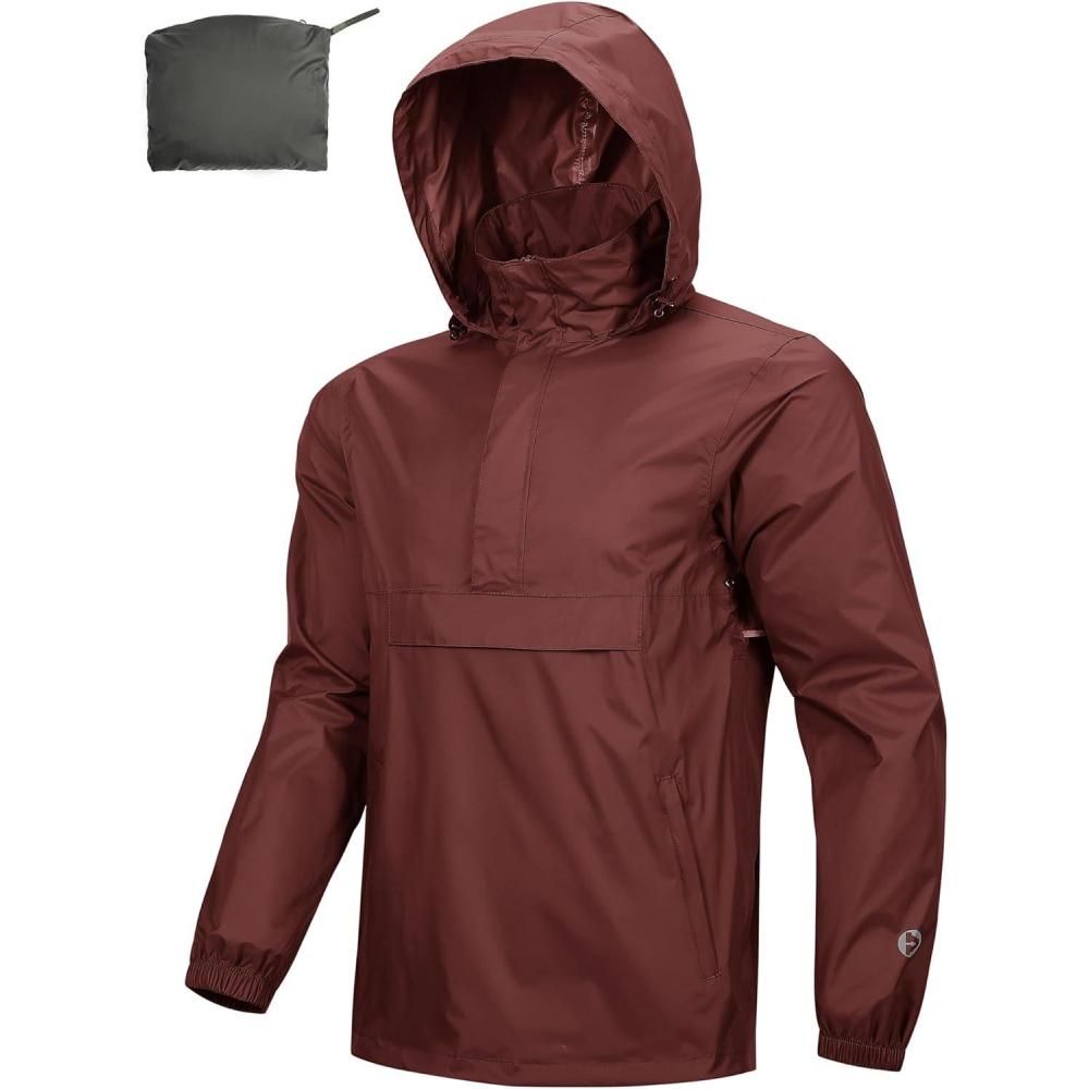 Outdoor Ventures Men’s Rain Jacket Waterproof Lightweight Packable Rain Pullover for Hiking Golf Running(Dark Red)